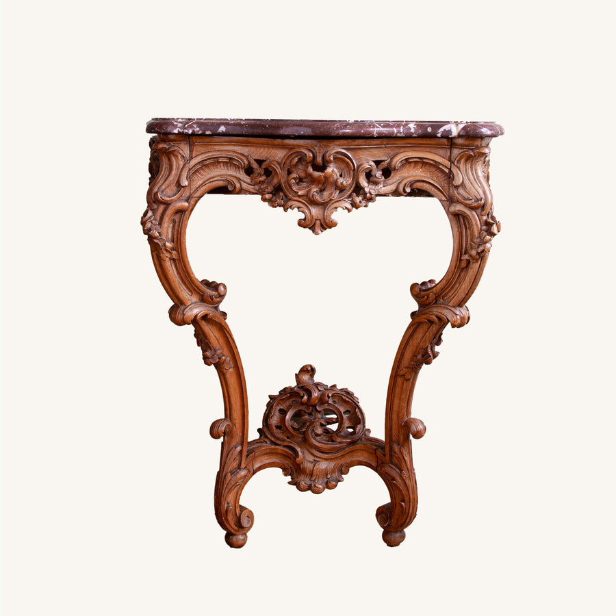 French Antique Louis XV Style Walnut Wood Console with Marble top - La Maison London