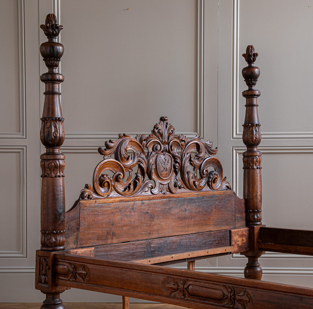 Italian Baroque Style Four Poster Bed In Carved Walnut, Circa Mid 1800's - La Maison London