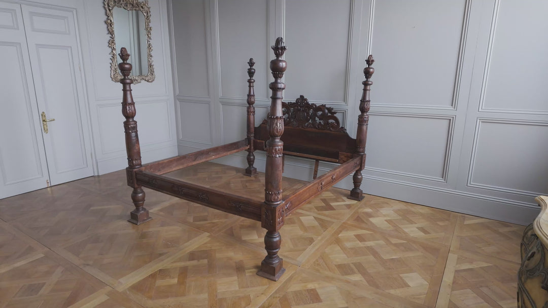 Italian Baroque Style Four Poster Bed In Carved Walnut, Circa Mid 1800's
