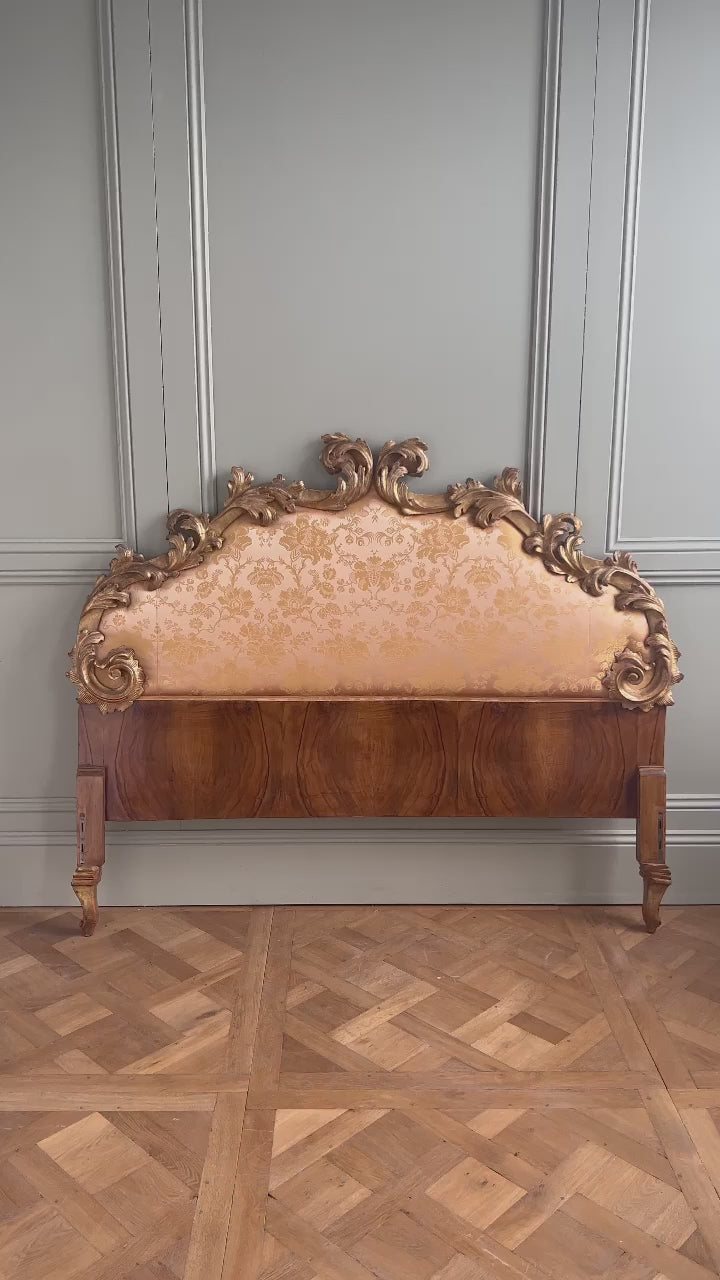 19th C. Italian Rococo Style Giltwood Headboard Upholstered in Tassinari Damask