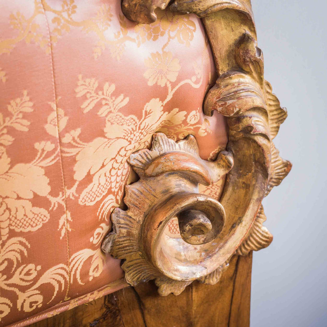 19th C. Italian Rococo Style Giltwood Headboard Upholstered in Tassinari Damask - La Maison London