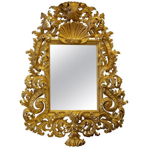 Hand Carved, Baroque Style Mirror, Gilt in 23.75-Karat Gold