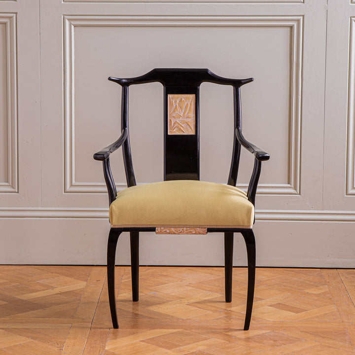 Mid Century Set Of 6 Black Lacquered French Dining Chairs in Oriental Style - La Maison London