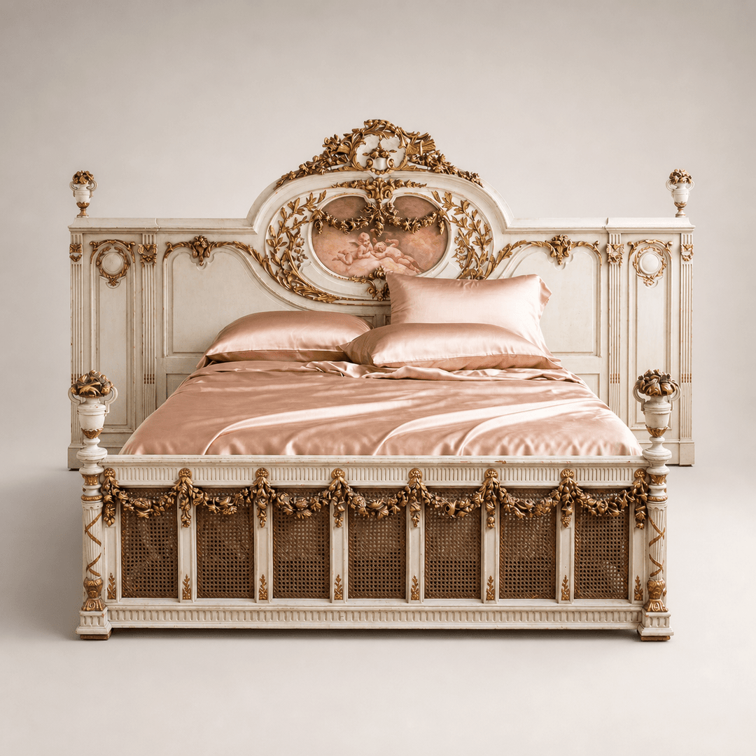 19th C. Neo Classic Large Bed With Gilt Work & Painted "Boucher" Style Cherubs - La Maison London