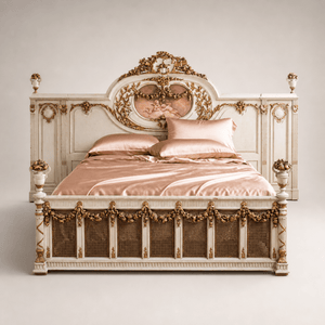 19th C. Neo Classic Large Bed With Gilt Work & Painted "Boucher" Style Cherubs