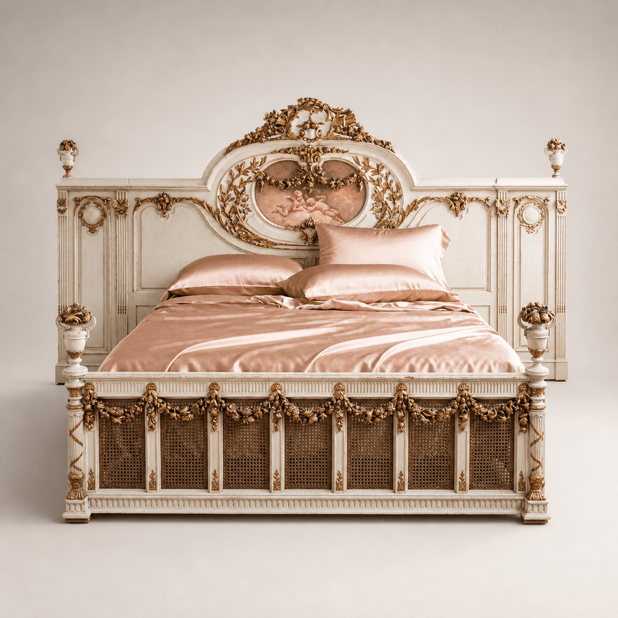 19th C. Neo Classic Large Bed With Gilt Work & Painted "Boucher" Style Cherubs - La Maison London