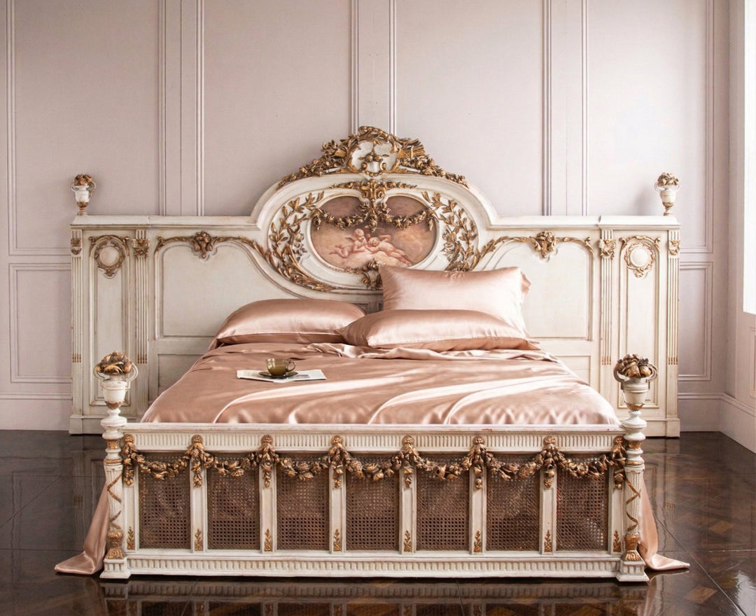 19th C. Neo Classic Large Bed With Gilt Work & Painted "Boucher" Style Cherubs - La Maison London