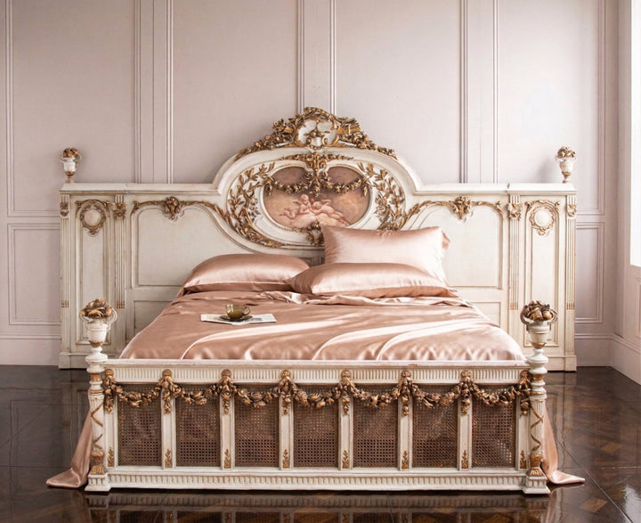 19th C. Neo Classic Large Bed With Gilt Work & Painted "Boucher" Style Cherubs - La Maison London
