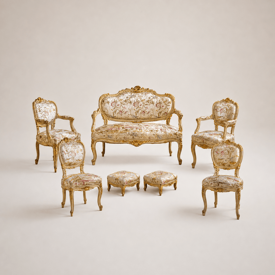 19th Century Italian Carved Gilt-wood Salon Suite - Sofa, Chairs & Footstools - La Maison London