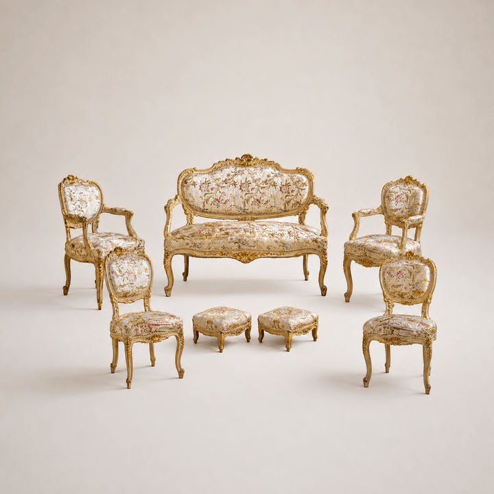 19th Century Italian Carved Gilt-wood Salon Suite - Sofa, Chairs & Footstools - La Maison London