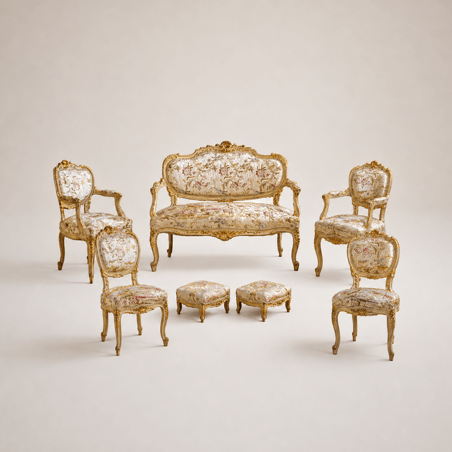 19th Century Italian Carved Gilt-wood Salon Suite - Sofa, Chairs & Footstools - La Maison London