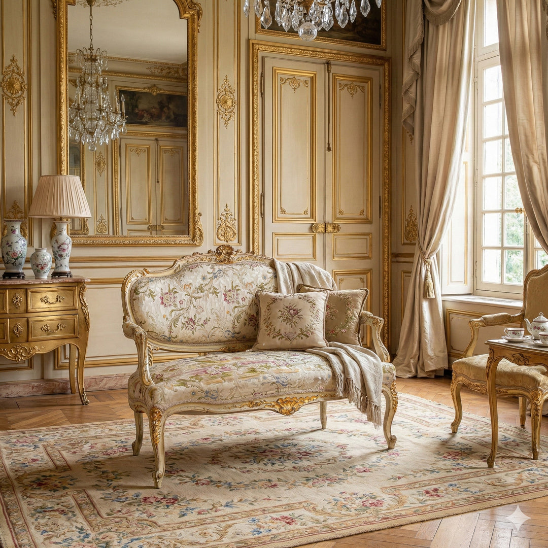 19th Century Italian Carved Gilt - wood Salon Suite - Sofa, Chairs & Footstools - La Maison London