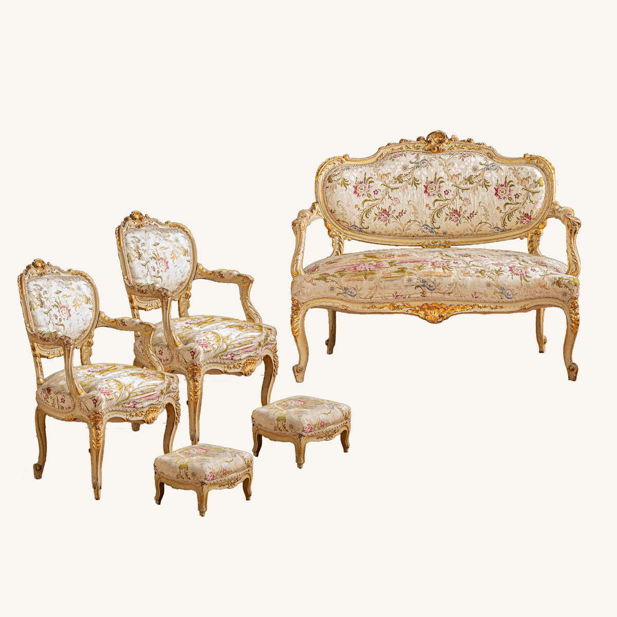 19th Century Italian Carved Gilt-wood Salon Suite - Sofa, Chairs & Footstools - La Maison London