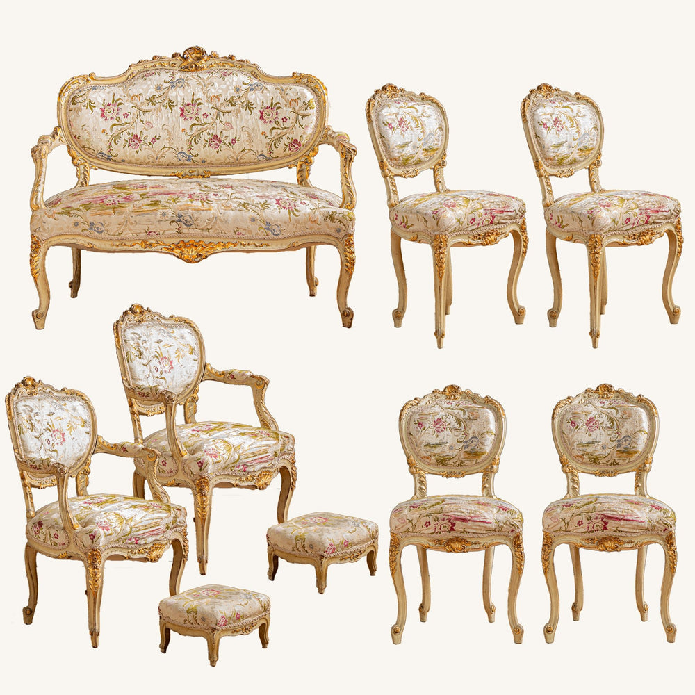 19th Century Italian Carved Gilt-wood Salon Suite - Sofa, Chairs & Footstools - La Maison London