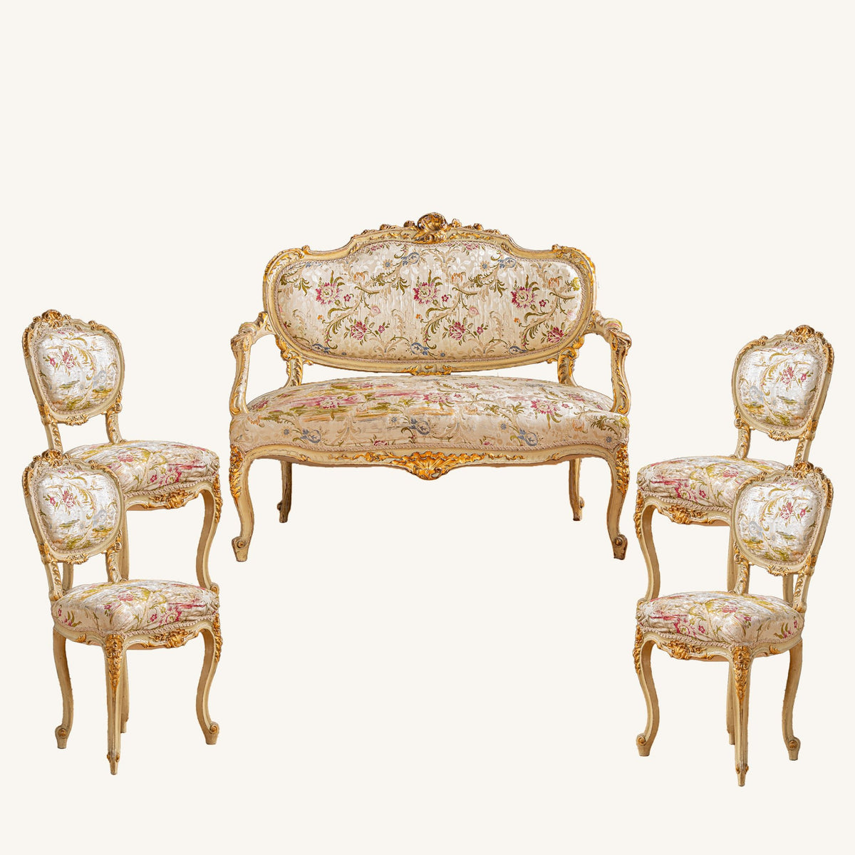 19th Century Italian Carved Gilt-wood Salon Suite - Sofa, Chairs & Footstools - La Maison London