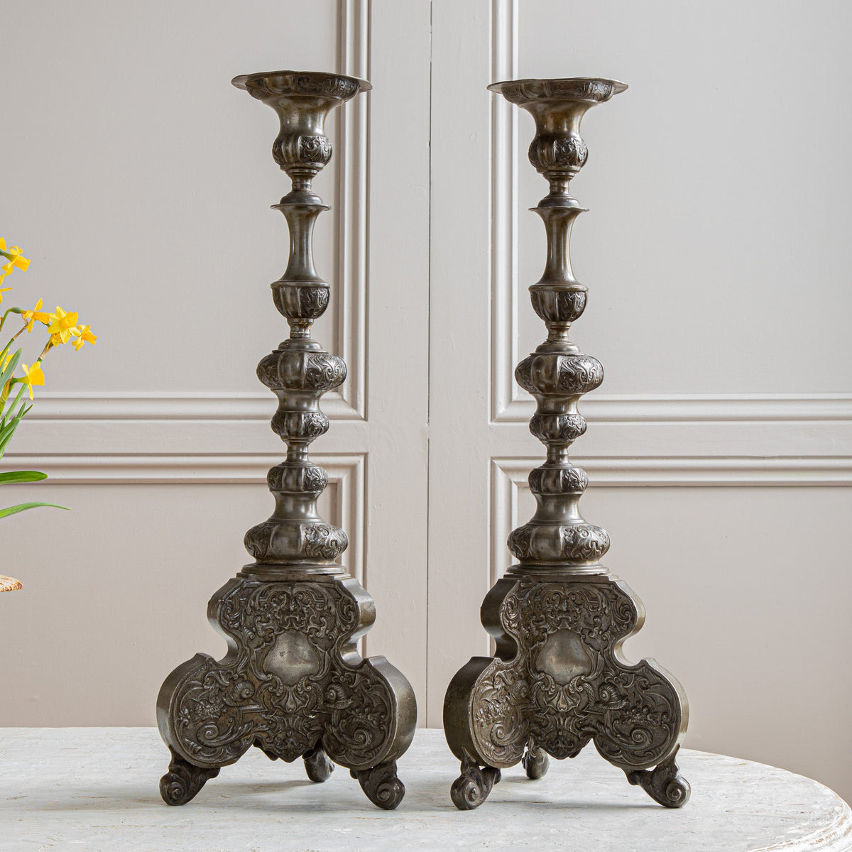 19th Century Renaissance Style Pewter Pricket Sticks - La Maison London