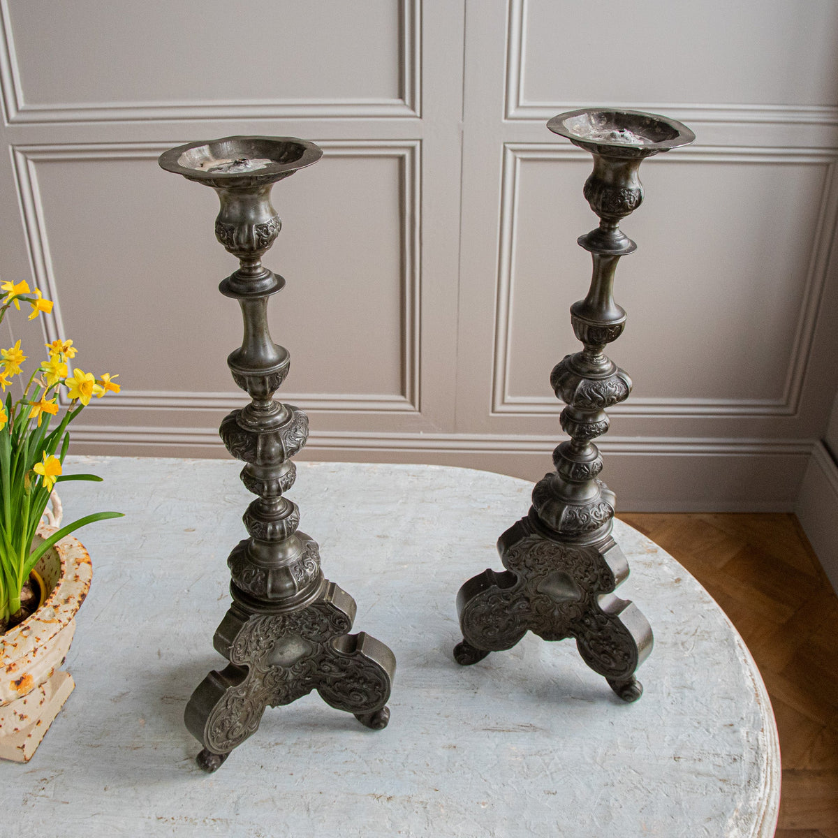 19th Century Renaissance Style Pewter Pricket Sticks - La Maison London