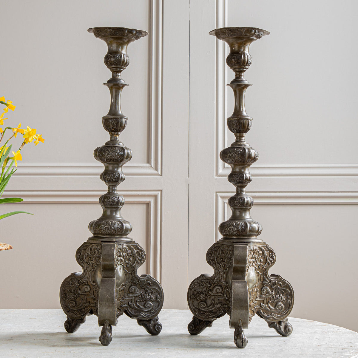 19th Century Renaissance Style Pewter Pricket Sticks - La Maison London