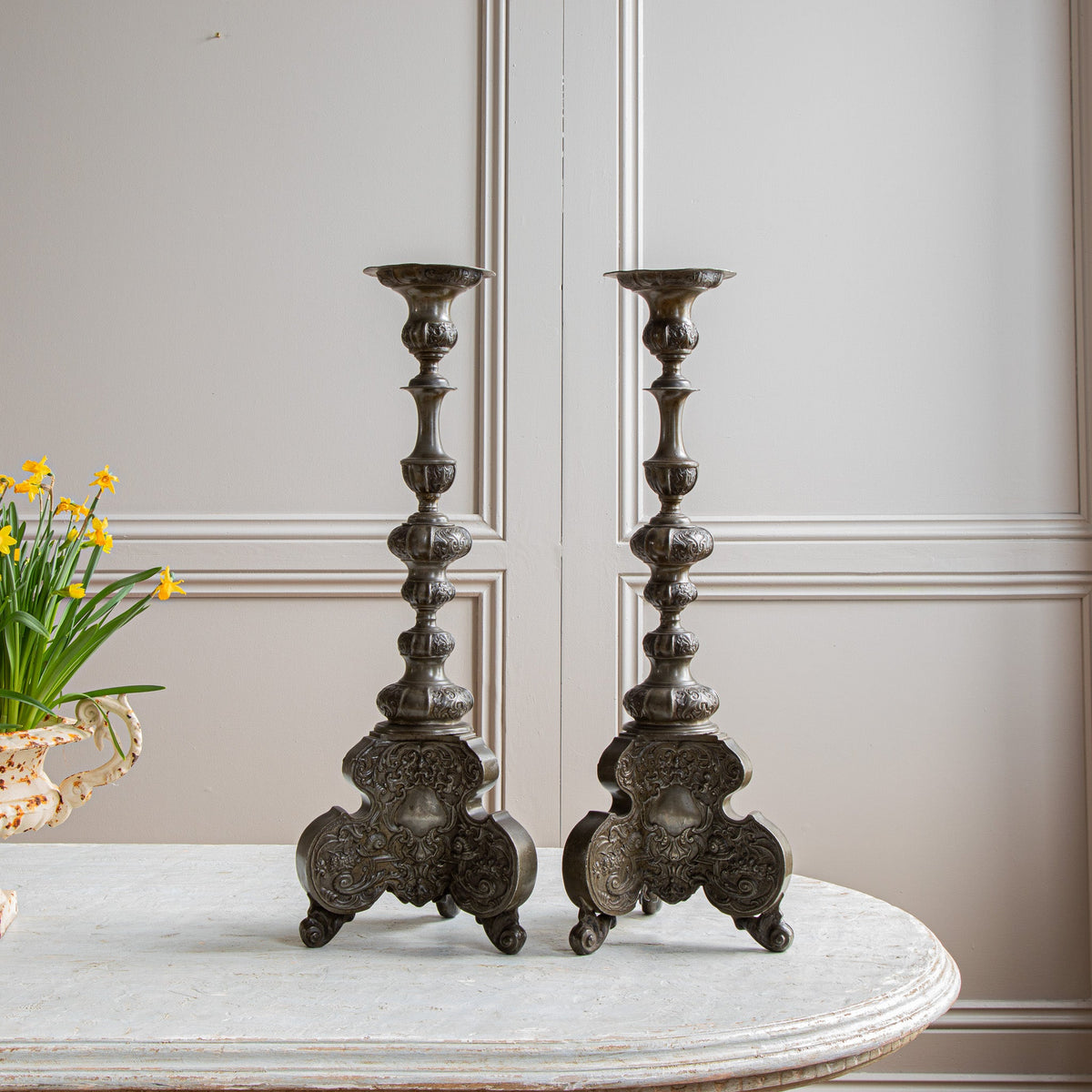 19th Century Renaissance Style Pewter Pricket Sticks - La Maison London