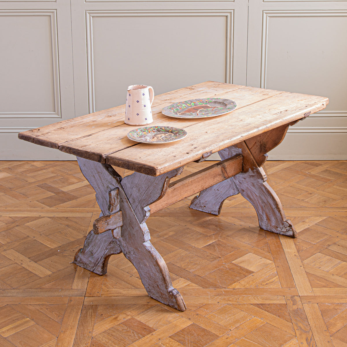 Antique Rustic Swedish Farm House Table With Chalk Blue Patina Circa 1870 - La Maison London