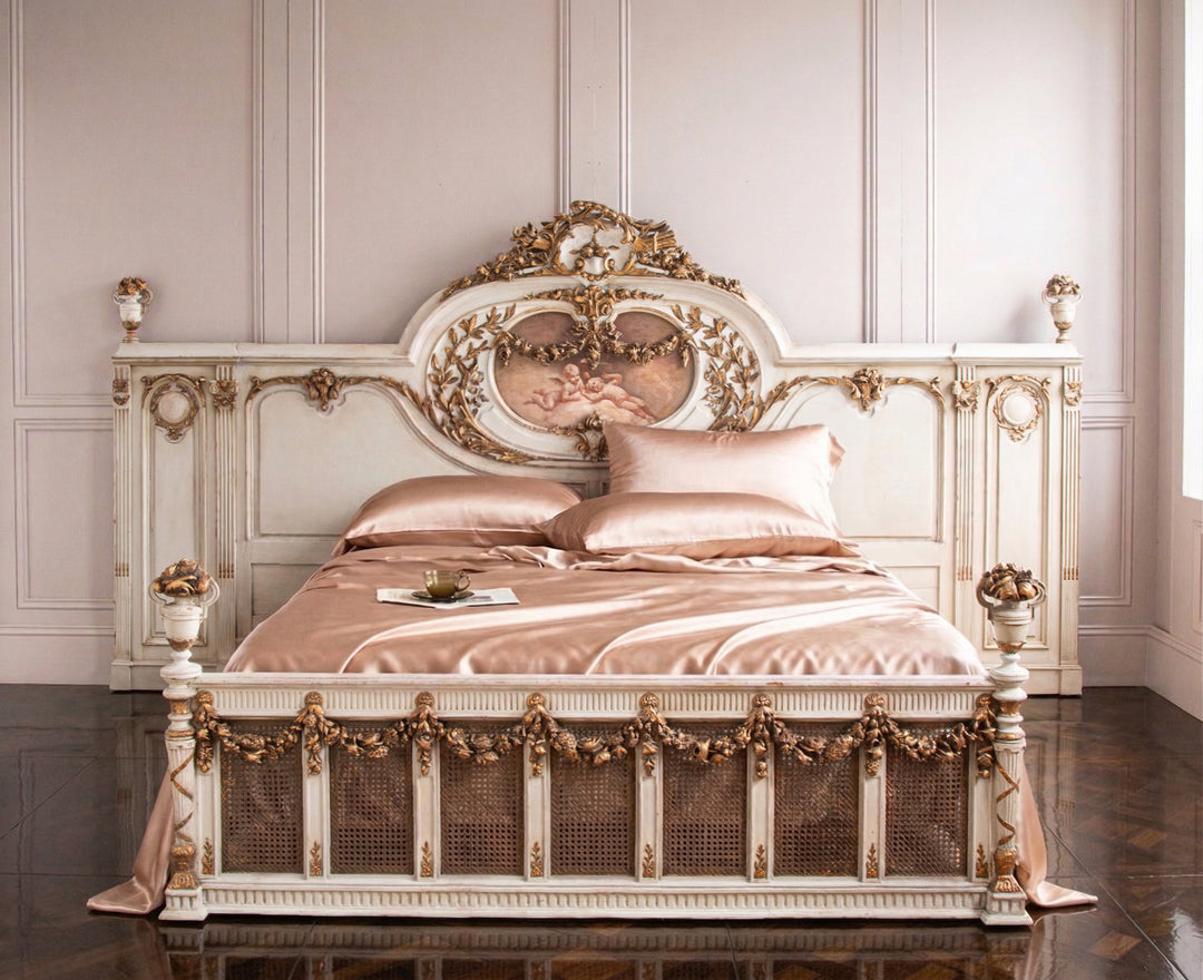 19th C. Neo Classic Large Bed With Gilt Work & Painted "Boucher" Style Cherubs