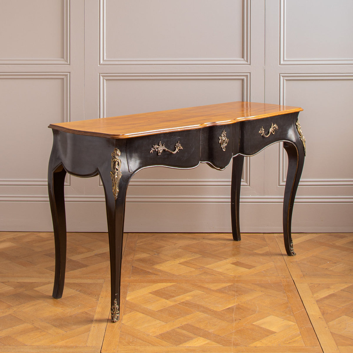 A Louis XV Style Console with Black Lacquer & Walnut Finish - La Maison London