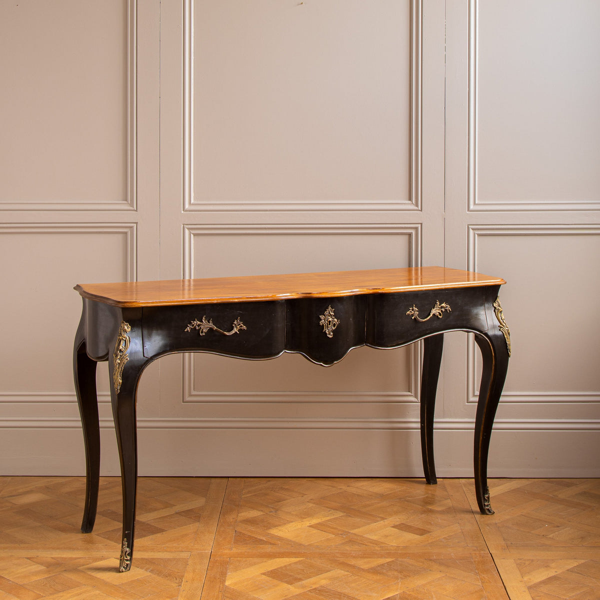 A Louis XV Style Console with Black Lacquer & Walnut Finish - La Maison London