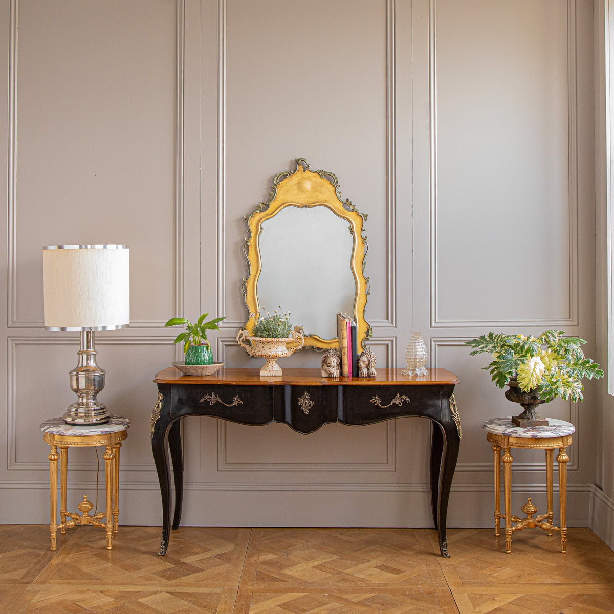 A Louis XV Style Console with Black Lacquer & Walnut Finish - La Maison London