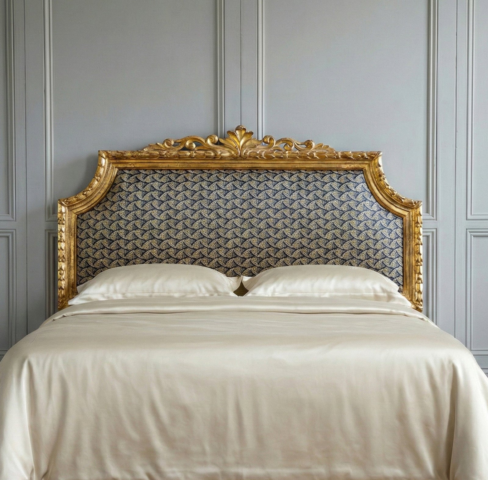Antique French Louis XVI Style Giltwood Upholstered Headboard - La Maison London