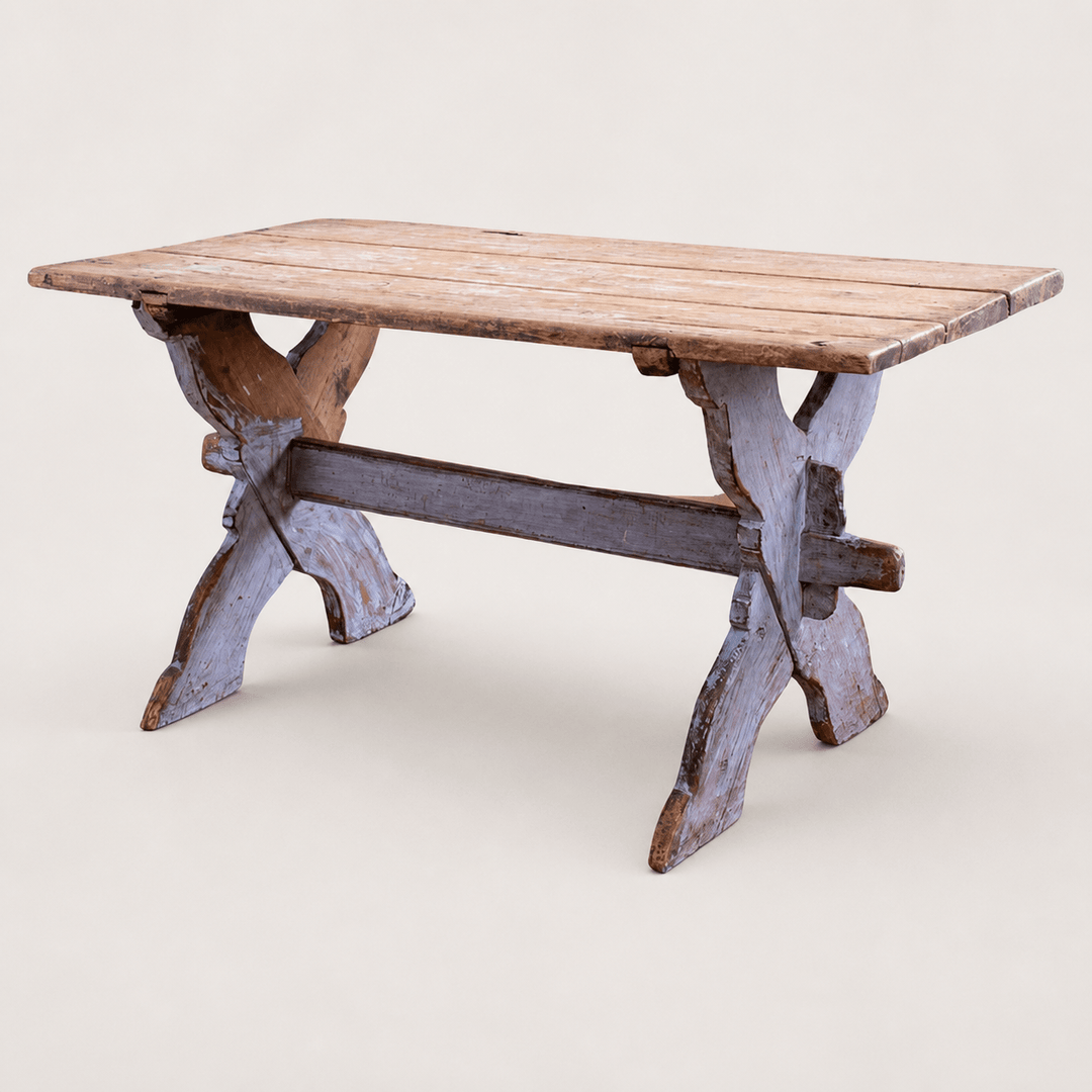 Antique Rustic Swedish Farm House Table With Chalk Blue Patina Circa 1870 - La Maison London