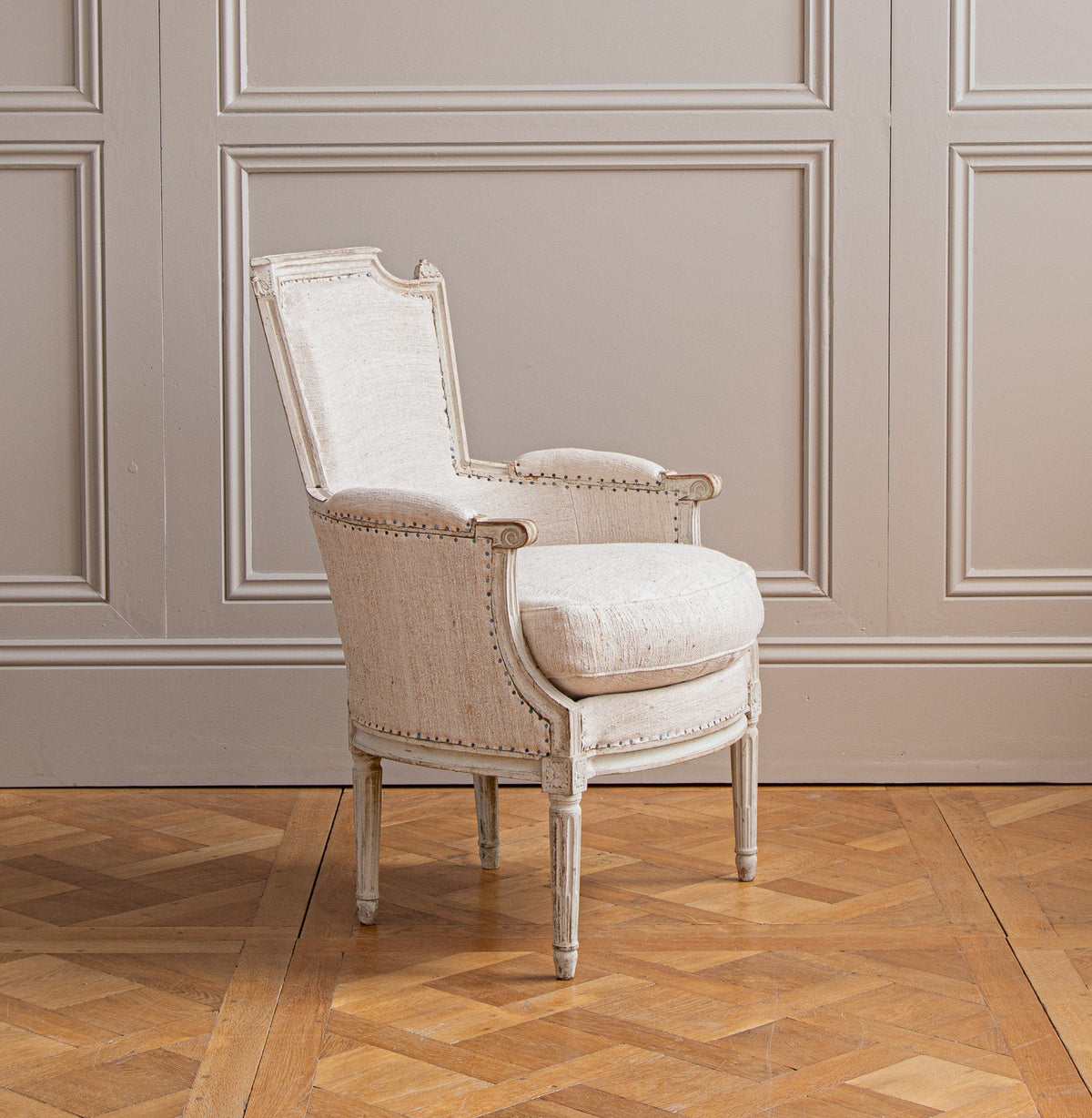 Antique White Bergere Armchairs Late 19th century French Armchairs - La Maison London