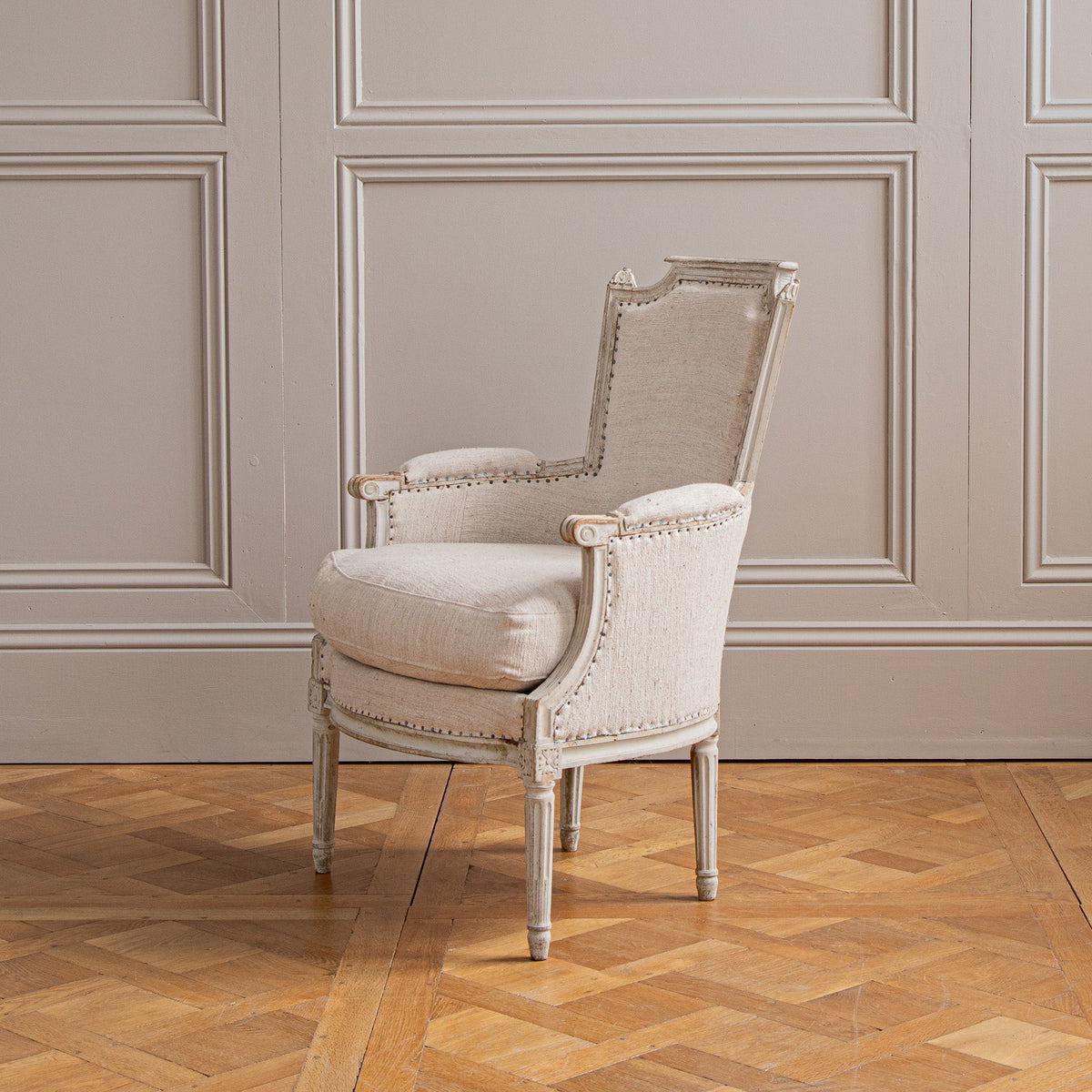 Antique White Bergere Armchairs Late 19th century French Armchairs - La Maison London