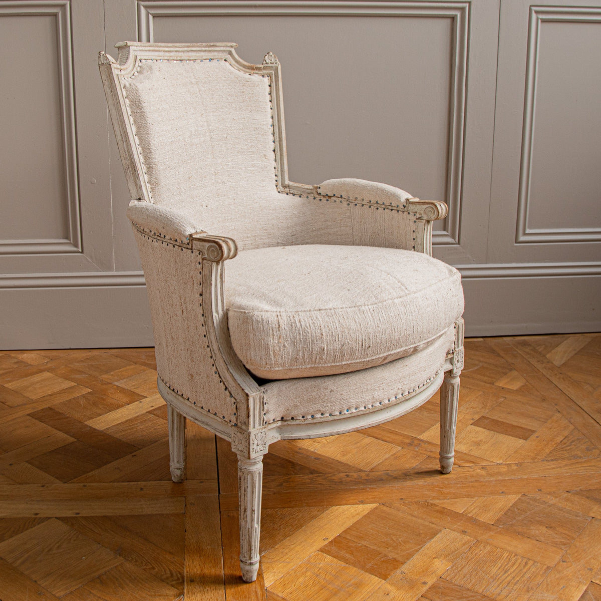 Antique White Bergere Armchairs Late 19th century French Armchairs - La Maison London