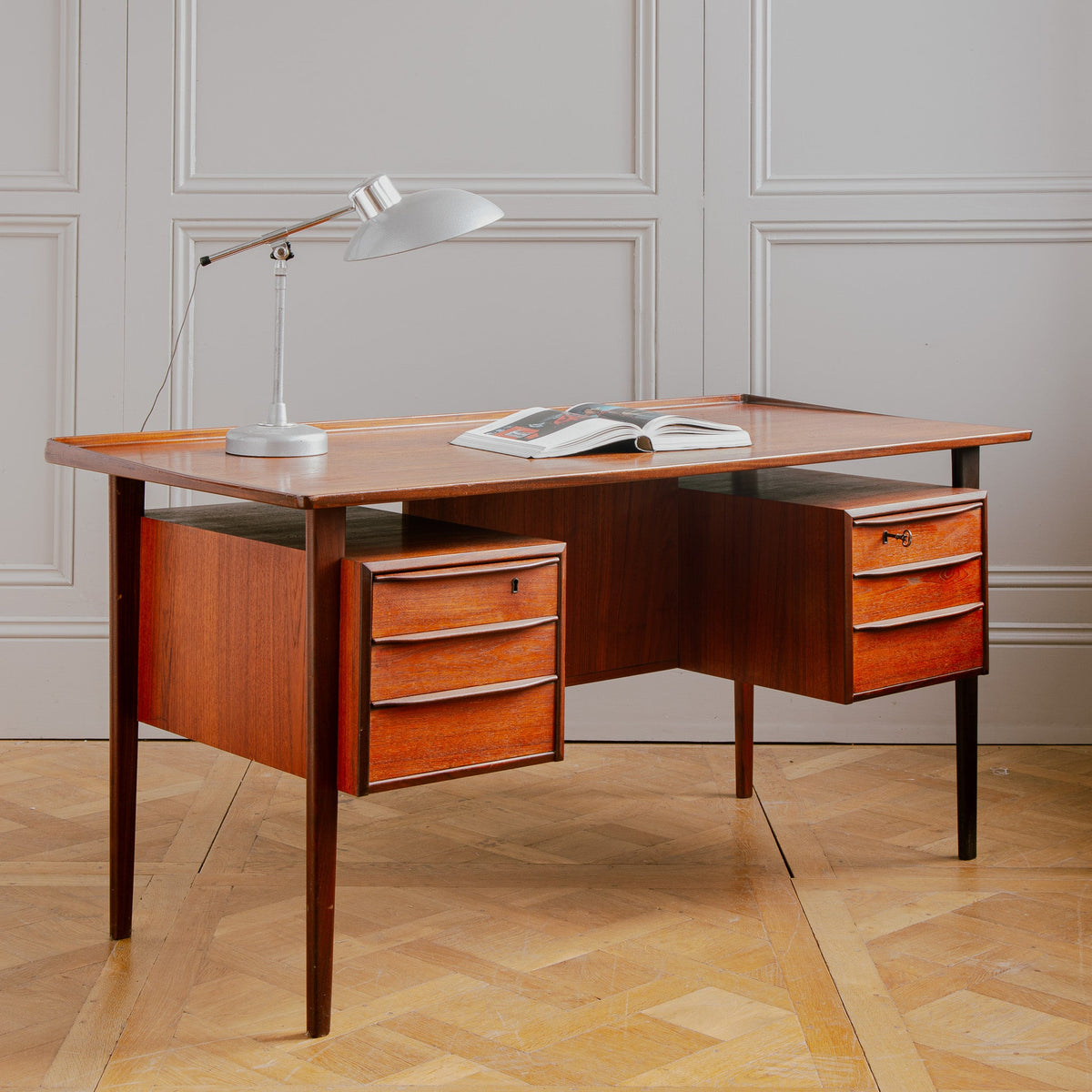 Early 1961 Peter Løvig Danish Teak Executive Desk – Freestanding with Bookcase - La Maison London
