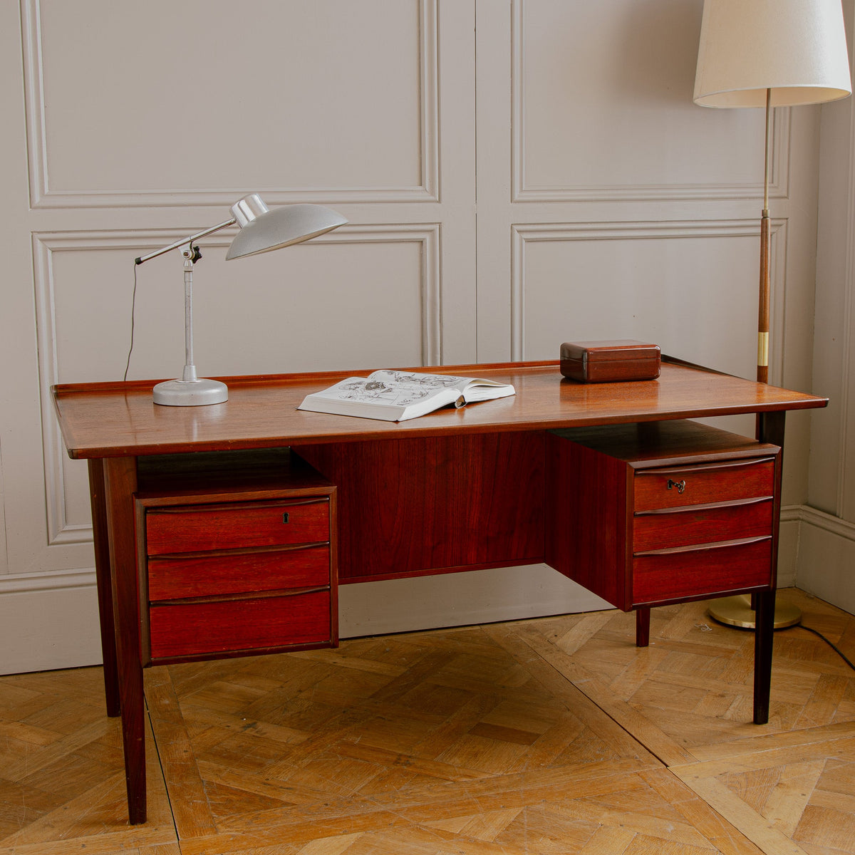 Early 1961 Peter Løvig Danish Teak Executive Desk – Freestanding with Bookcase - La Maison London