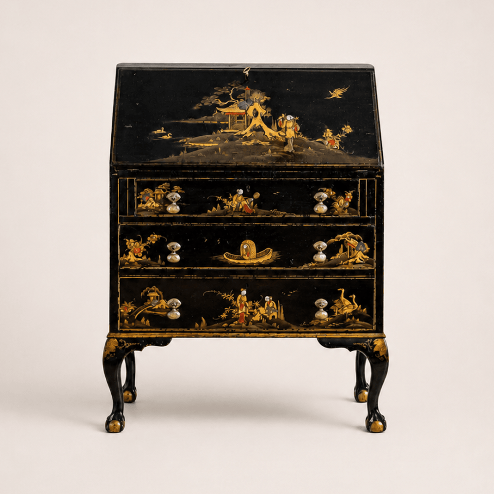 Early 20th-Century Black Japanned Gilt Chinoiserie Bureau