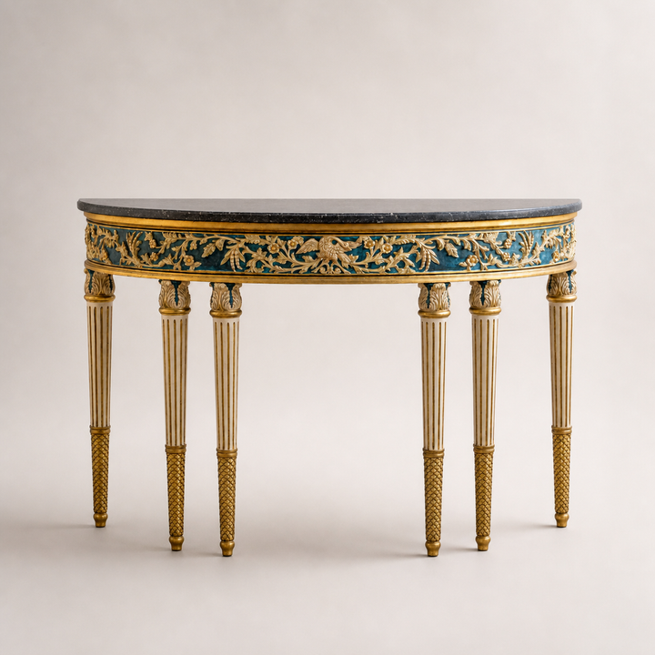 Louis XVI Parcel-Gilt Polychrome Demi-Lune Console Table