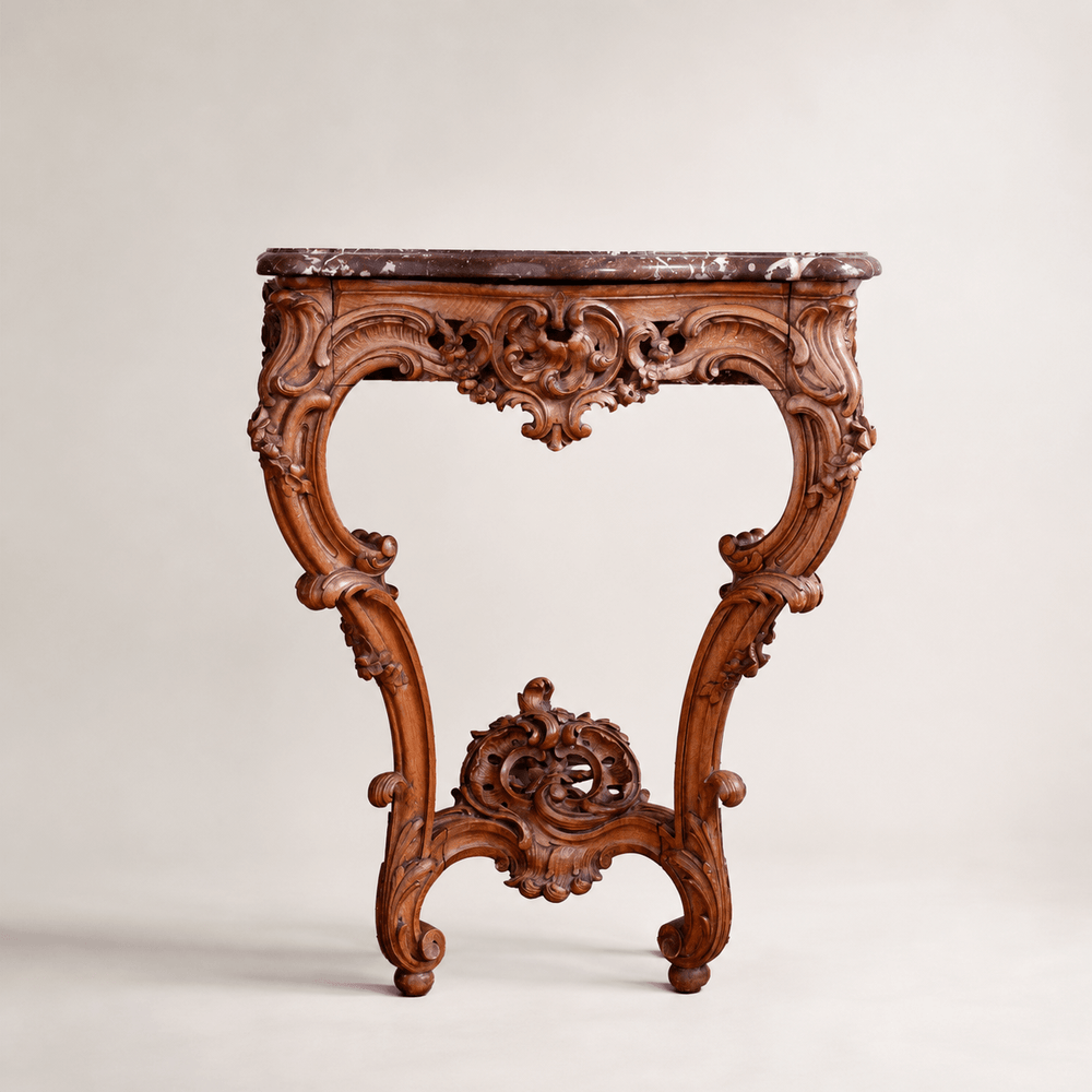 French Antique Louis XV Style Walnut Wood Console with Marble top - La Maison London