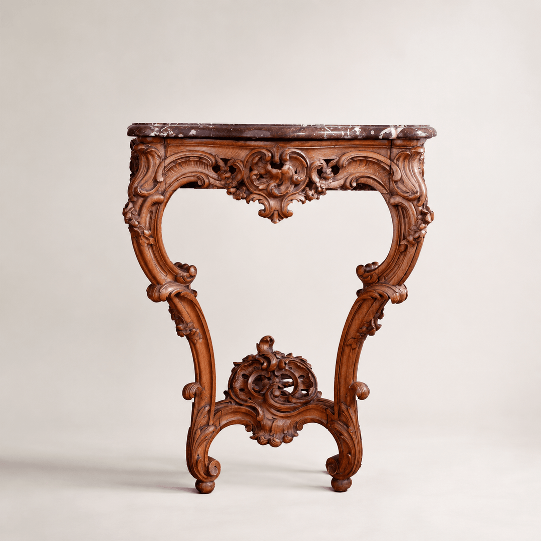 French Antique Louis XV Style Walnut Wood Console with Marble top - La Maison London