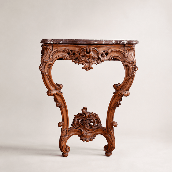 French Antique Louis XV Style Walnut Wood Console with Marble top - La Maison London