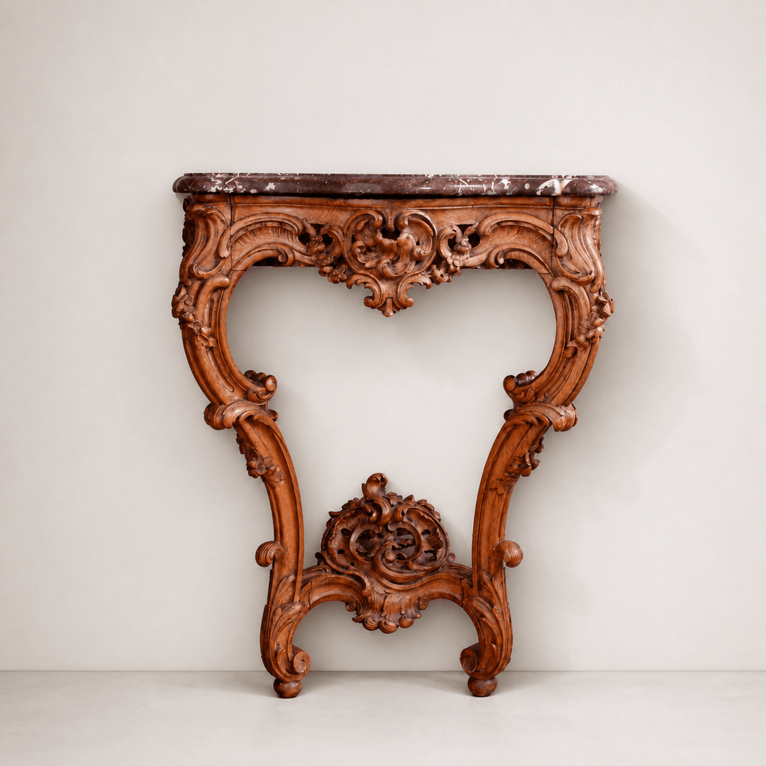 French Antique Louis XV Style Walnut Wood Console with Marble top - La Maison London