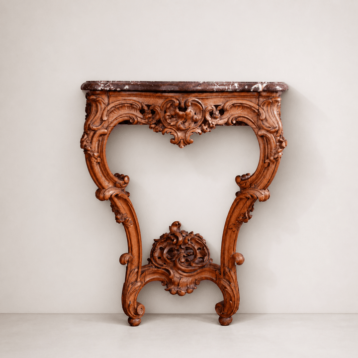 French Antique Louis XV Style Walnut Wood Console with Marble top - La Maison London