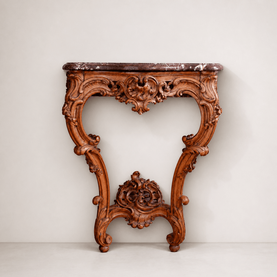 French Antique Louis XV Style Walnut Wood Console with Marble top - La Maison London