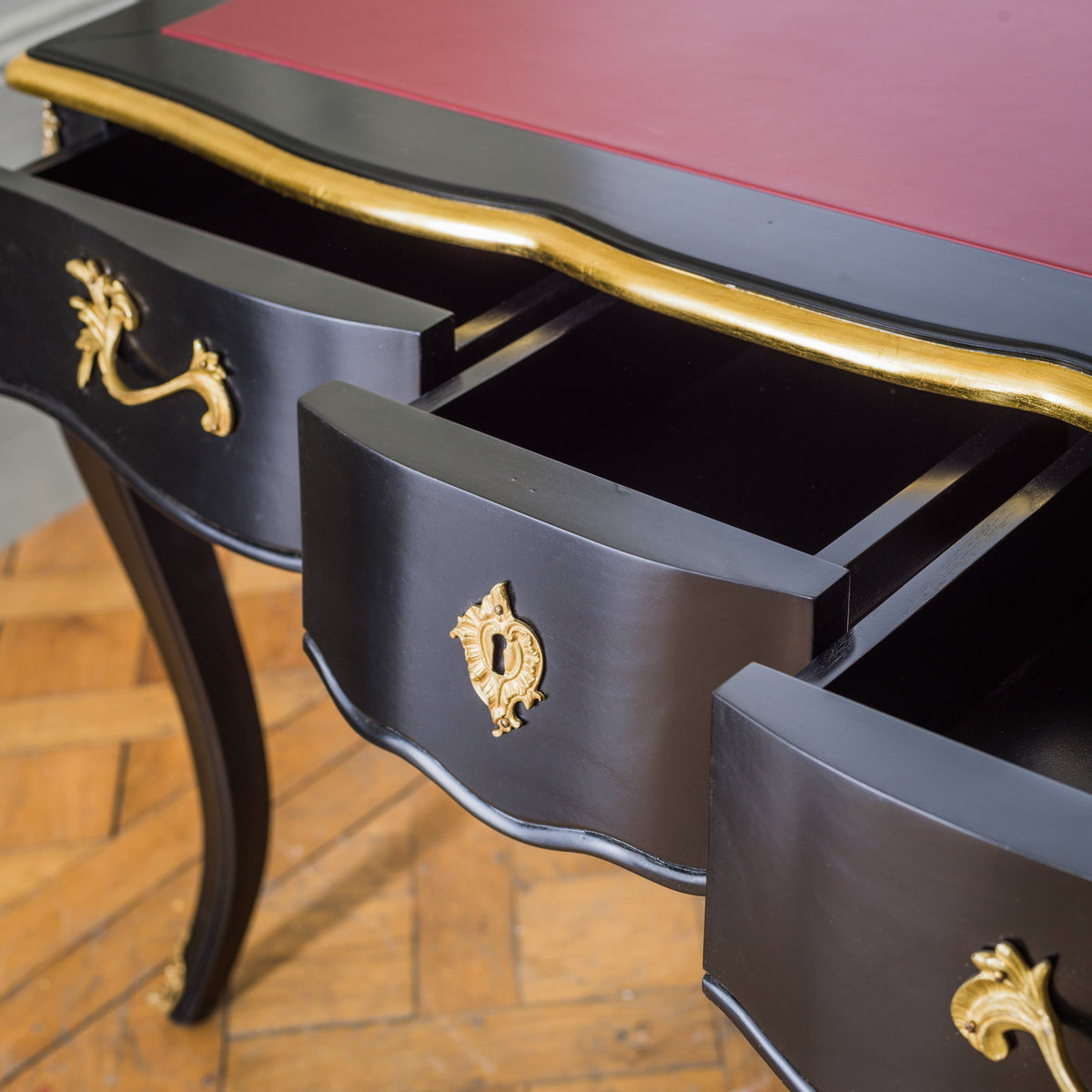 French Louis XV - Style Black Lacquer Desk with Custom Leather Top - La Maison London