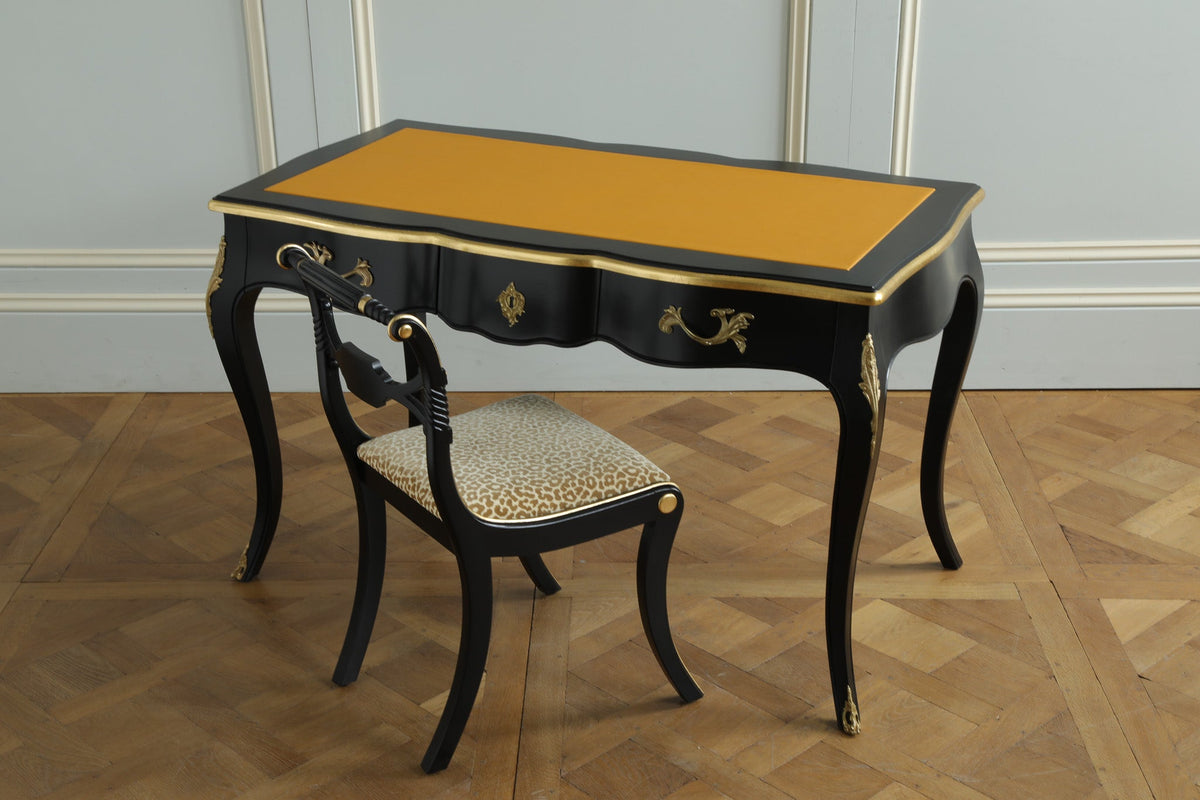 French Louis XV - Style Black Lacquer Desk with Custom Leather Top - La Maison London