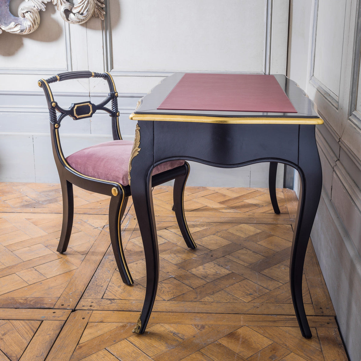 French Louis XV - Style Black Lacquer Desk with Custom Leather Top - La Maison London