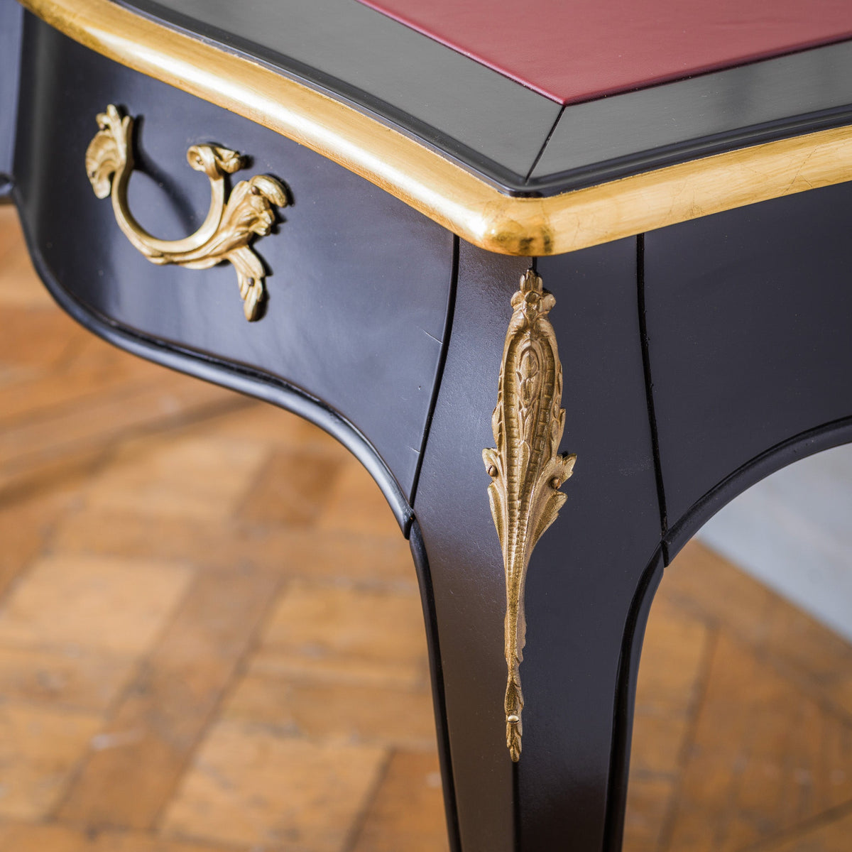 French Louis XV - Style Black Lacquer Desk with Custom Leather Top - La Maison London