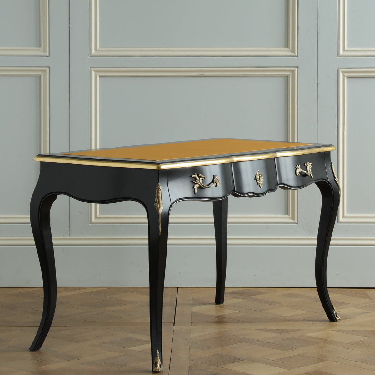 French Louis XV - Style Black Lacquer Desk with Custom Leather Top - La Maison London