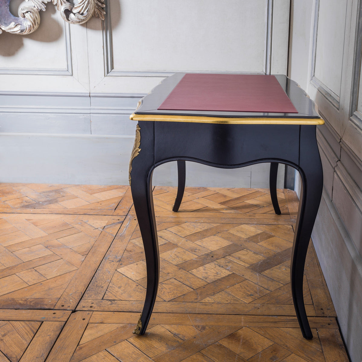 French Louis XV - Style Black Lacquer Desk with Custom Leather Top - La Maison London