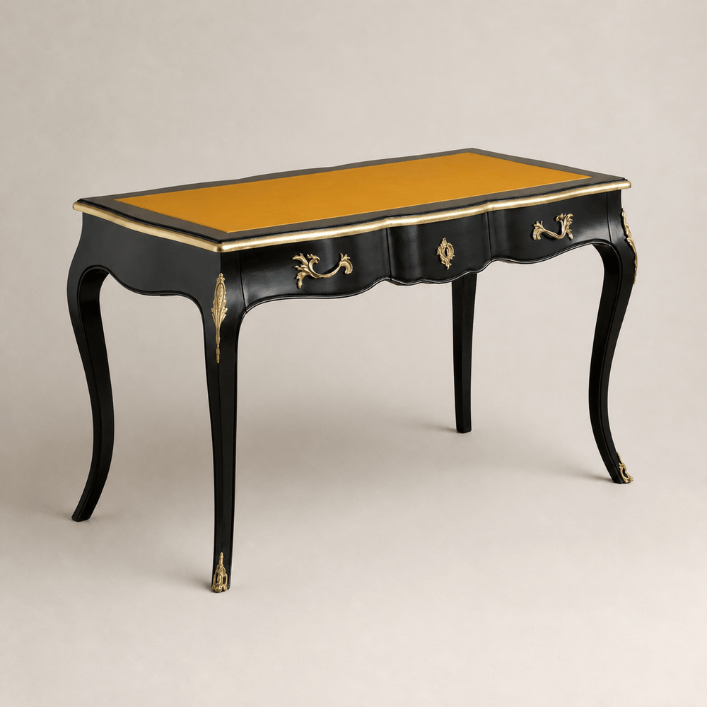 French Louis XV-Style Black Lacquer Desk with Custom Leather Top